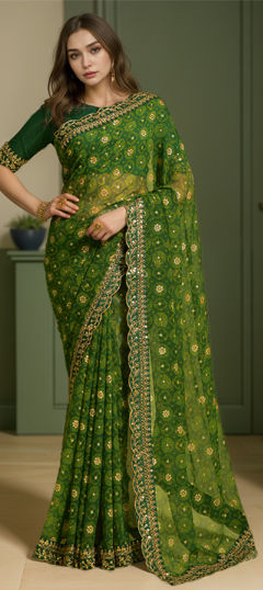Green color Saree in Georgette fabric with Embroidered, Printed, Thread work