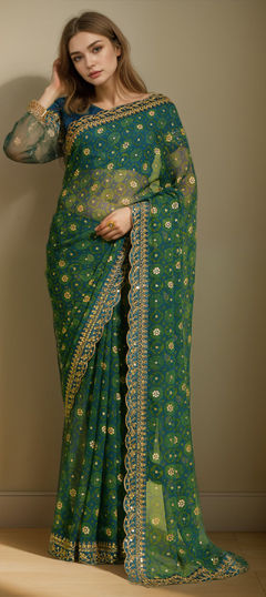 Purple and Violet color Saree in Georgette fabric with Embroidered, Printed, Thread work
