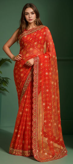 Red and Maroon color Saree in Georgette fabric with Embroidered, Printed, Thread work