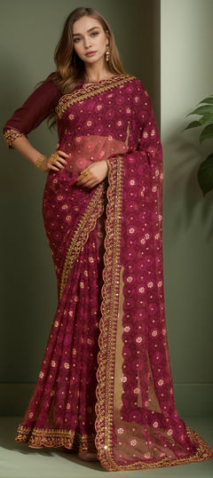 Purple and Violet color Saree in Georgette fabric with Embroidered, Printed, Thread work