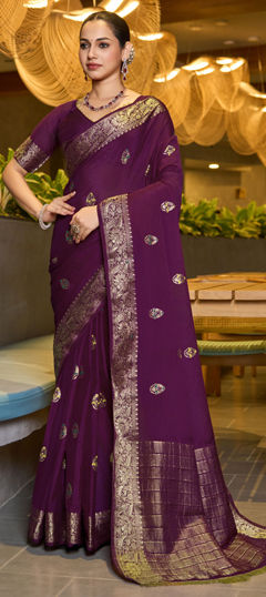 Purple and Violet color Saree in Chinon Silk fabric with Weaving work