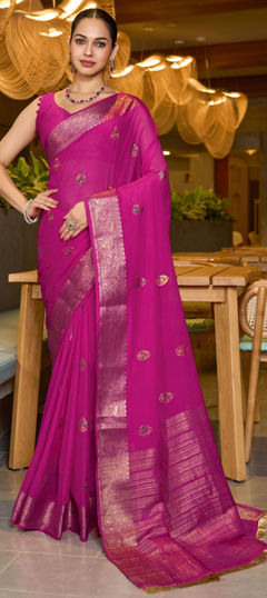 Pink and Majenta color Saree in Chinon Silk fabric with Weaving work
