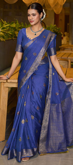 Blue color Saree in Chinon Silk fabric with Weaving work