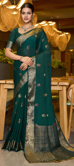Green color Saree in Chinon Silk fabric with Weaving work