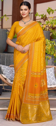 Yellow color Saree in Cotton fabric with Foil Print work