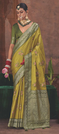 Green color Saree in Silk fabric with Weaving work