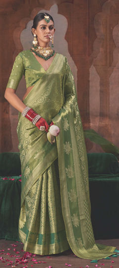 Green color Saree in Silk fabric with Weaving work