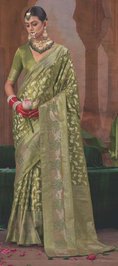Green color Saree in Silk fabric with Weaving work