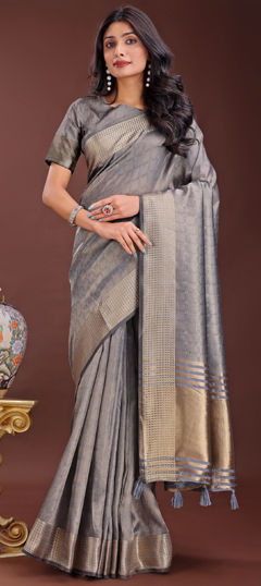 Black and Grey color Saree in Organza Silk fabric with Weaving work