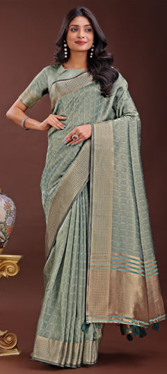 Green color Saree in Organza Silk fabric with Weaving work