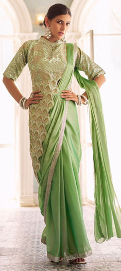 Green color Readymade Saree in Chinon Silk fabric with Border, Embroidered, Thread work
