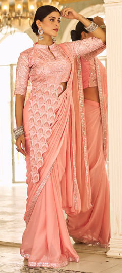 Pink and Majenta color Readymade Saree in Chinon Silk fabric with Border, Embroidered, Thread work