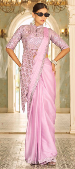 Pink and Majenta color Readymade Saree in Chinon Silk fabric with Border, Embroidered, Thread work