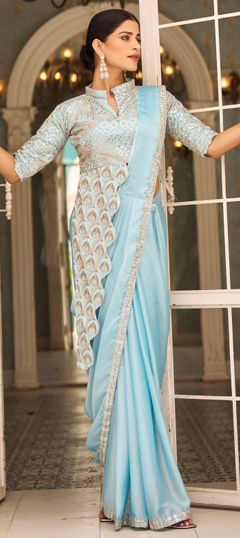 Blue color Readymade Saree in Chinon Silk fabric with Border, Embroidered, Thread work