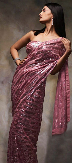 Pink and Majenta color Saree in Georgette fabric with Embroidered, Sequence, Thread work