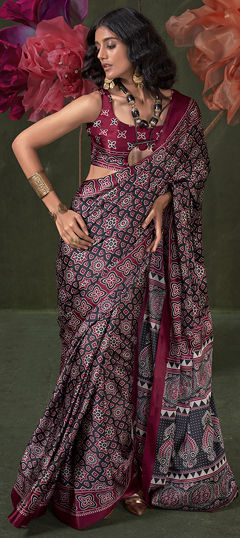 Black and Grey color Saree in Satin Silk fabric with Printed work