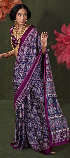 Blue color Saree in Satin Silk fabric with Printed work
