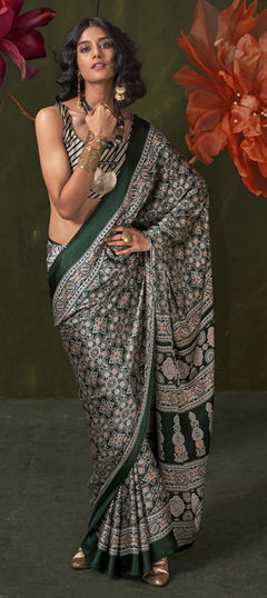 Green color Saree in Satin Silk fabric with Printed work