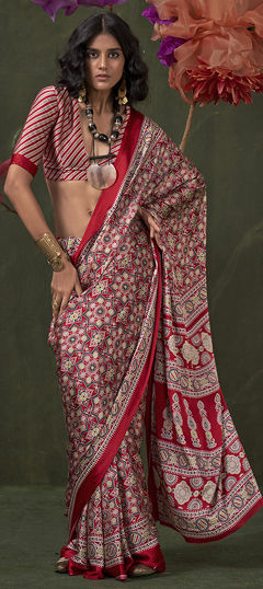 Red and Maroon color Saree in Satin Silk fabric with Printed work