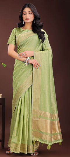 Green color Saree in Organza Silk fabric with Weaving work