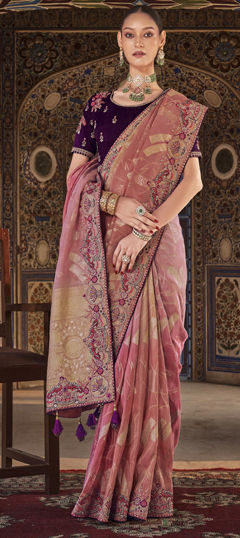 Pink and Majenta color Saree in Silk fabric with Stone work