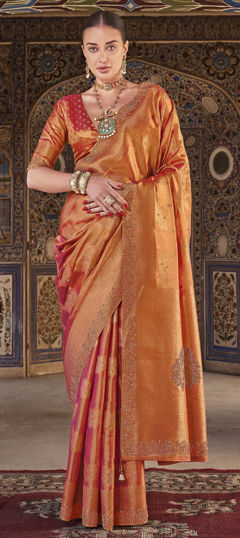 Orange, Pink and Majenta color Saree in Silk fabric with Stone work