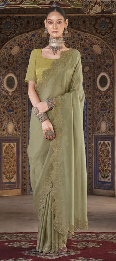 Green color Saree in Satin Silk fabric with Stone work