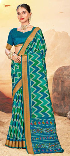 Blue, Green color Saree in Silk fabric with Printed work
