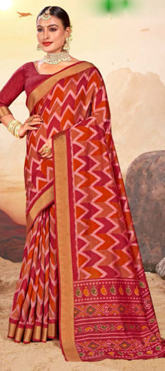 Red and Maroon color Saree in Silk fabric with Printed work