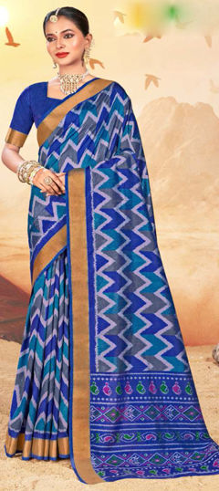 Blue color Saree in Silk fabric with Printed work