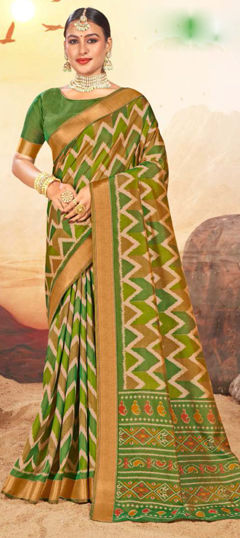 Green color Saree in Silk fabric with Printed work