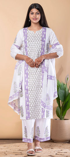 Purple and Violet, White and Off White color Salwar Kameez in Cotton, Dobby fabric with Floral, Printed, Thread work