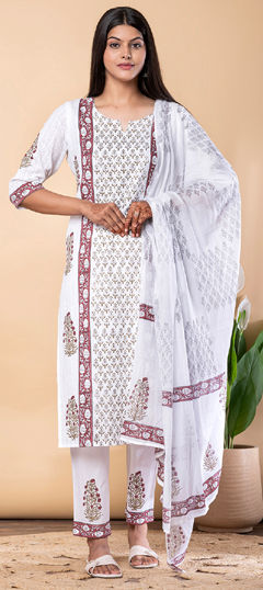 Red and Maroon, White and Off White color Salwar Kameez in Cotton, Dobby fabric with Floral, Printed, Thread work