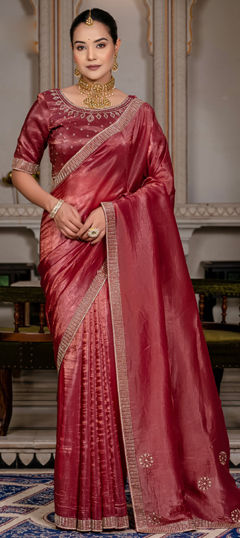 Green color Saree in Semi Velvet fabric with Bugle Beads, Stone work