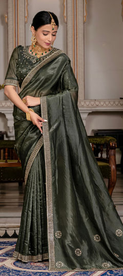 Green color Saree in Semi Velvet fabric with Bugle Beads, Stone work