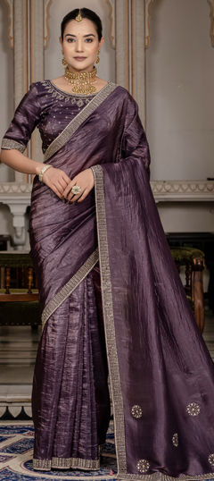 Purple and Violet color Saree in Semi Velvet fabric with Bugle Beads, Stone work
