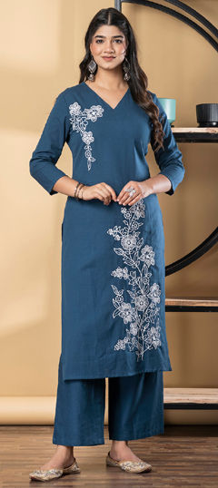 Blue color Salwar Kameez in Poly cotton fabric with Embroidered, Resham, Thread work