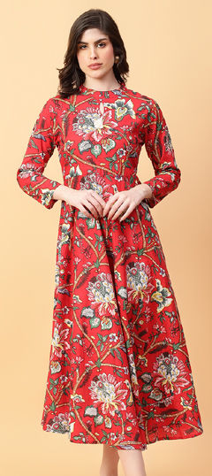 Red and Maroon color Dress in Cotton fabric with Floral, Printed work