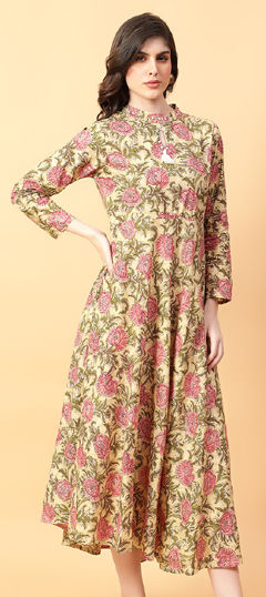 Beige and Brown color Dress in Cotton fabric with Floral, Printed work