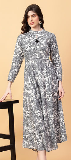 Beige and Brown, Black and Grey color Dress in Cotton fabric with Floral, Printed work