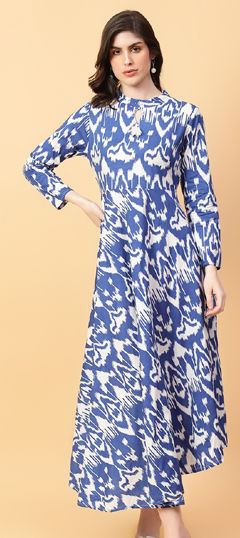 Blue color Dress in Cotton fabric with Floral, Printed work