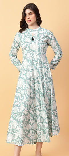 Green color Dress in Cotton fabric with Floral, Printed work