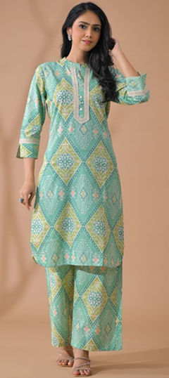 Green color Salwar Kameez in Poly cotton fabric with Lace, Printed work