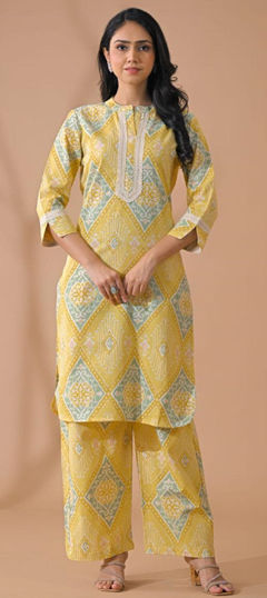 Yellow color Salwar Kameez in Poly cotton fabric with Lace, Printed work