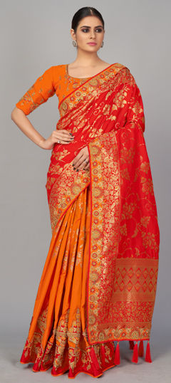 Orange, Red and Maroon color Saree in Blended, Silk fabric with Weaving, Zari work