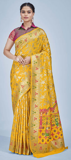 Yellow color Saree in Blended, Silk fabric with Weaving, Zari work