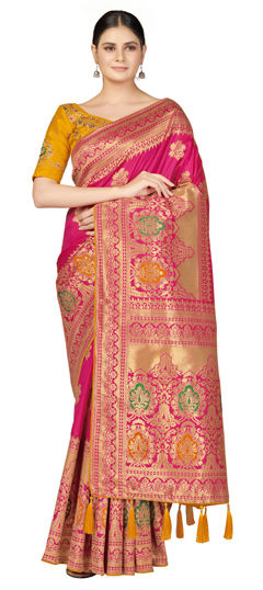 Pink and Majenta color Saree in Blended, Silk fabric with Weaving, Zari work