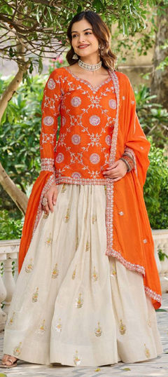 Orange color Long Lehenga Choli in Chinon Silk, Tissue fabric with Embroidered, Sequence, Thread work