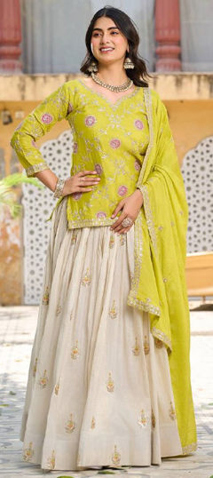Green color Long Lehenga Choli in Chinon Silk, Tissue fabric with Embroidered, Sequence, Thread work