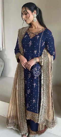 Blue color Salwar Kameez in Net fabric with Embroidered, Moti, Sequence, Thread work